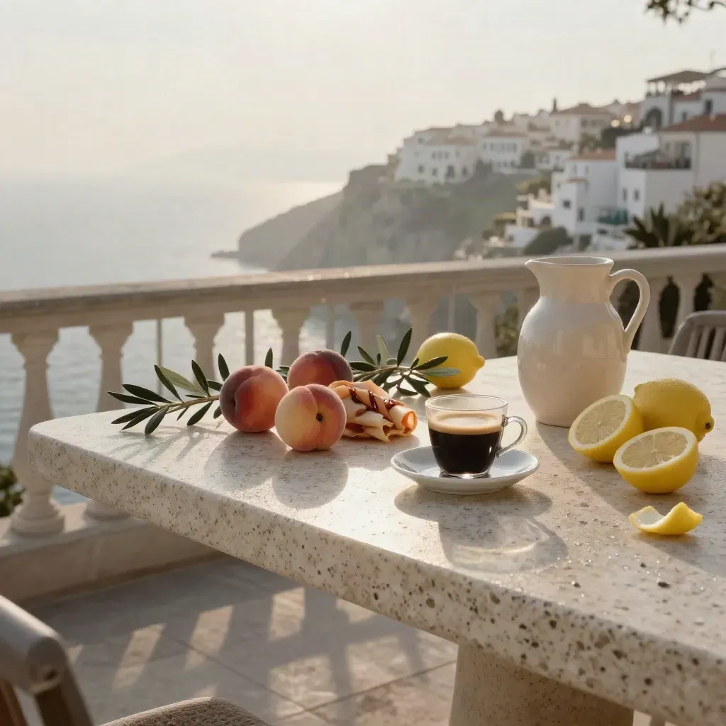 Terrazza sul mare con colazione in travertino, caffè, pesche, pane, limoni e ulivi al primo sole.