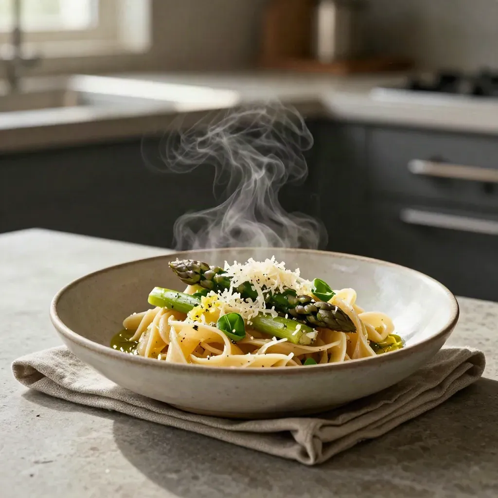 Pasta di stagione fumante in una ciotola di ceramica su piano in pietra