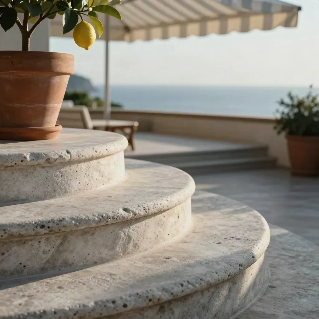 Gradini in pietra di Capri con tenda a righe, limone in vaso e mare sullo sfondo