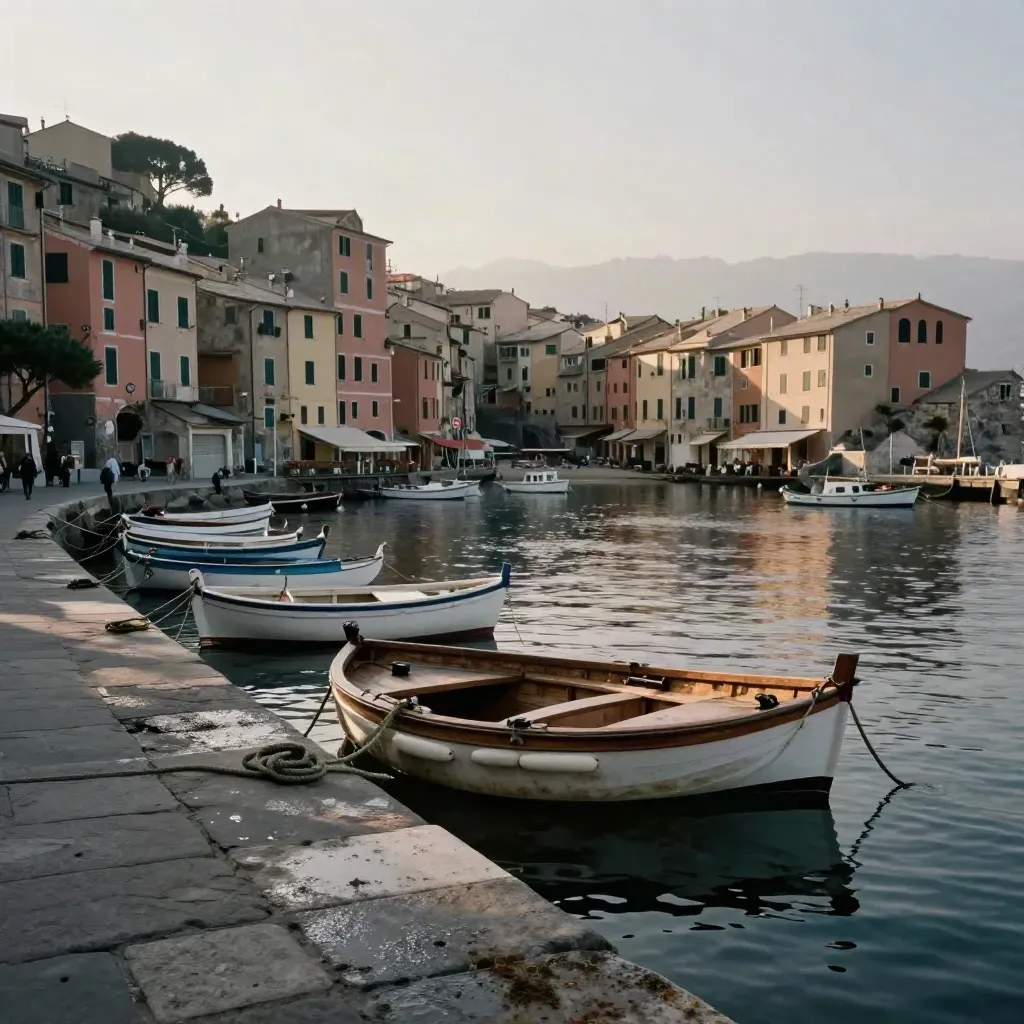 Borghi liguri sul mare con barche ormeggiate e case pastello nella luce del mattino.