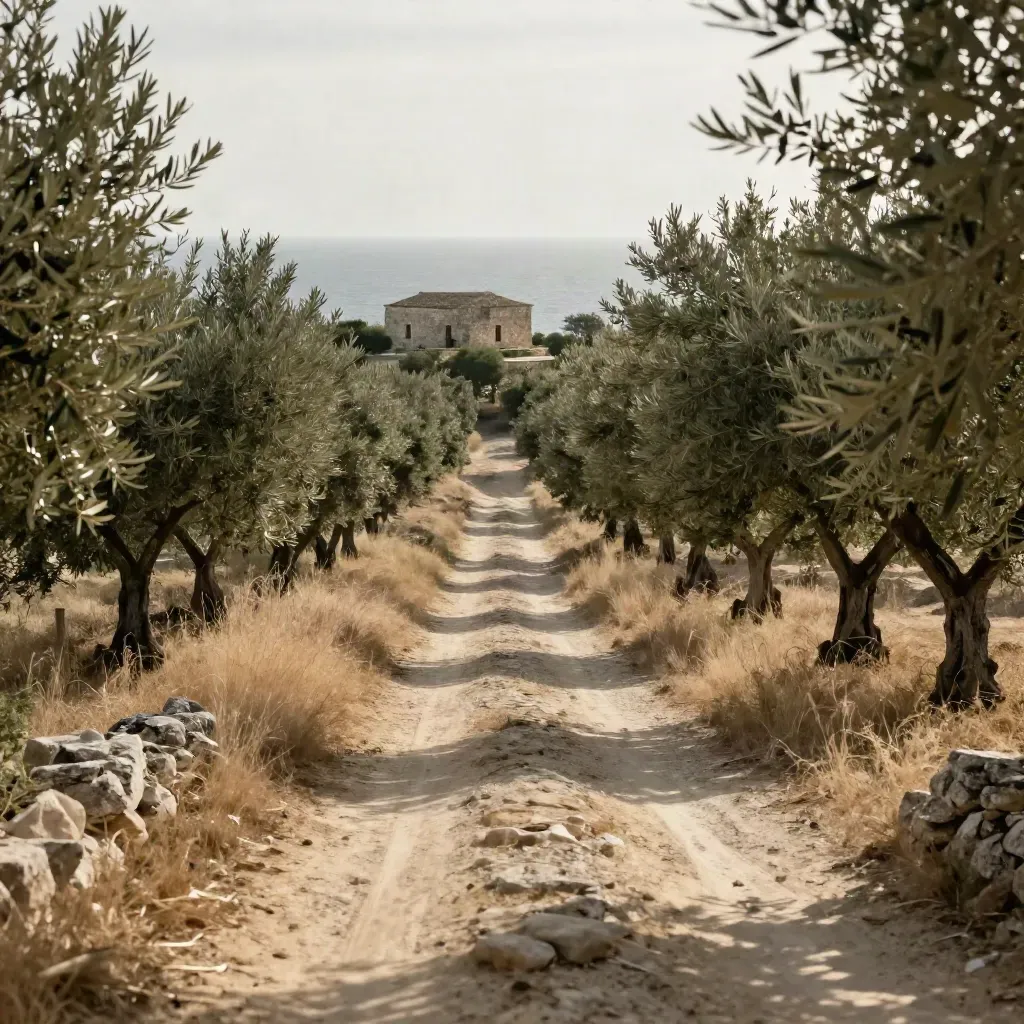 Sentiero tra ulivi pugliesi verso una masseria e il mare all’orizzonte