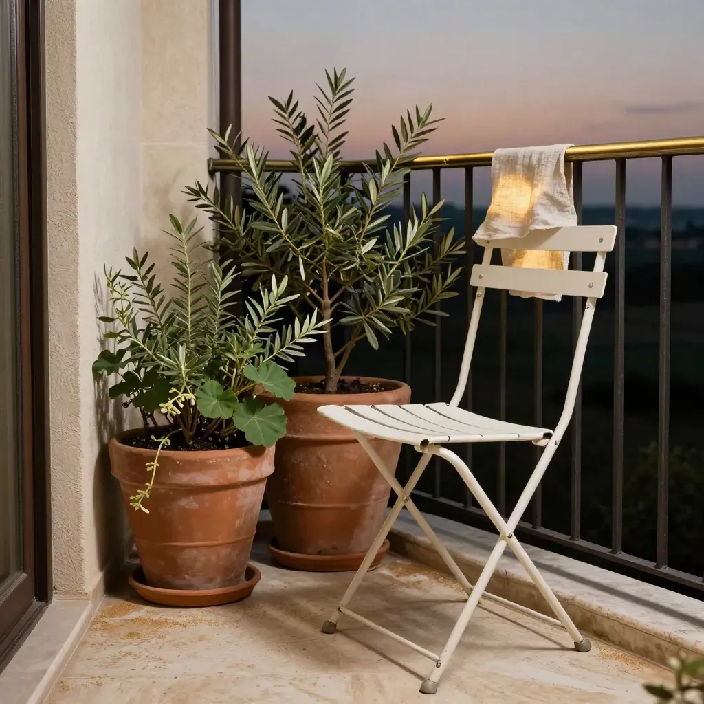 Terrazza romana compatta con vasi in terracotta, sedia pieghevole e tenda in lino al tramonto.