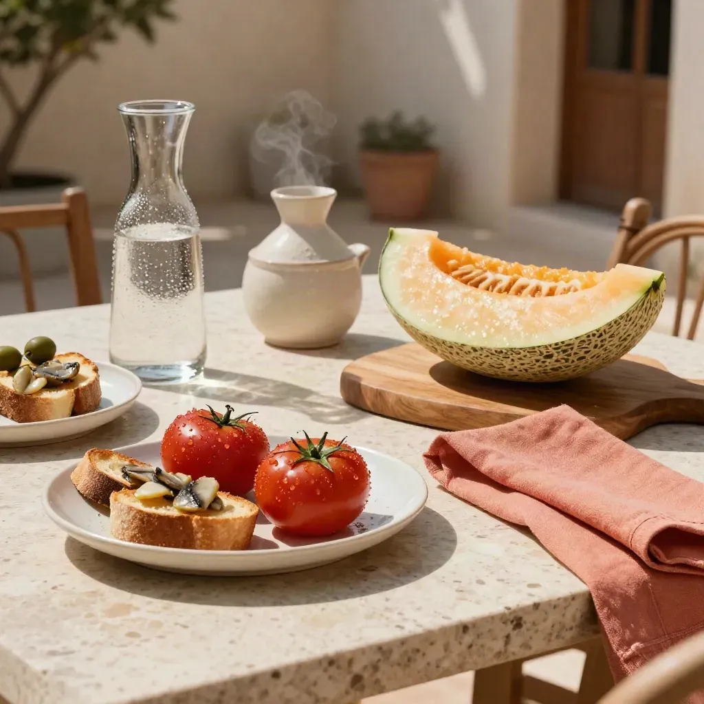 Tavola estiva all’aperto con pomodori, melone, toast all’acciuga, caraffa e ceramiche.