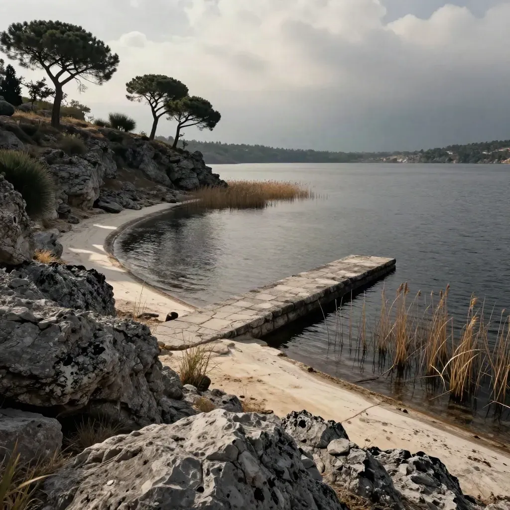 Lago vulcanico vicino Roma con pino domestico, molo di pietra e ombra di nuvola sull'acqua
