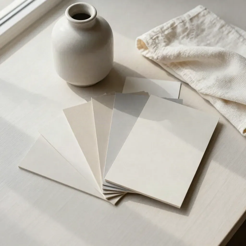 Carte campione neutre, vaso ceramico rigato e panno avorio su desk chiaro.